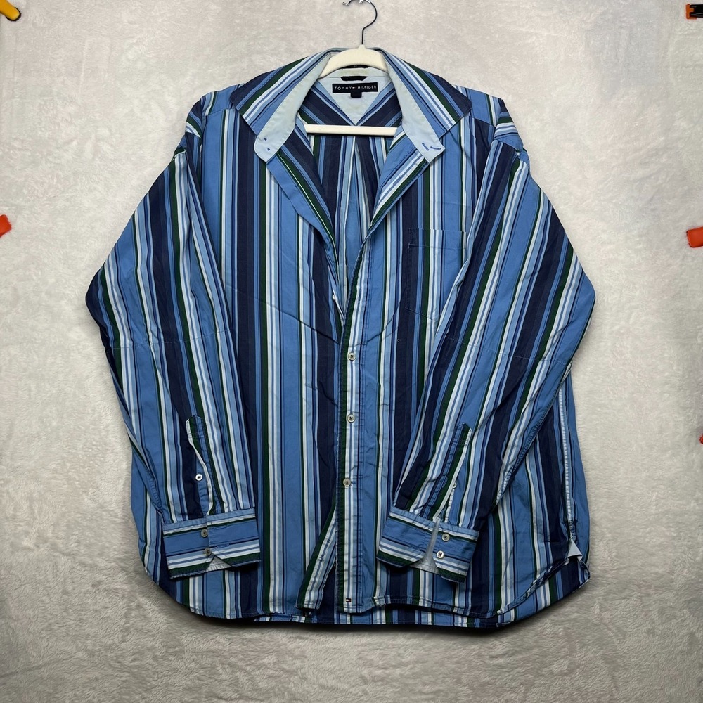 Tommy Hilfiger 80s 2 Ply Fabric Shirt Mens Blue Striped Long Sleeve Classic - XL